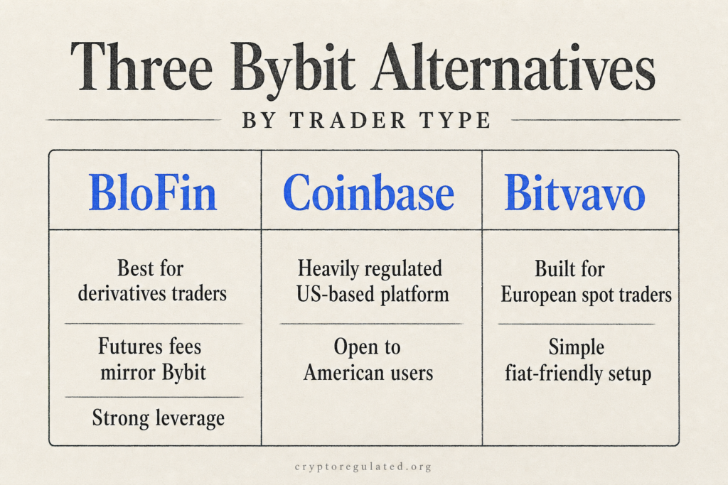 Comparison of BloFin, Coinbase and Bitvavo as Bybit alternatives by audience
