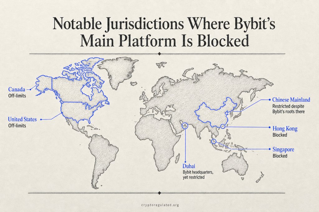 Map highlighting Dubai, Chinese Mainland, USA, Canada, Singapore and Hong Kong as restricted for Bybit