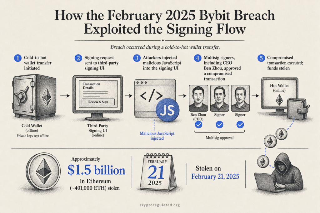Diagram of cold wallet to hot wallet transfer with malicious JavaScript injected at the multisig signing step